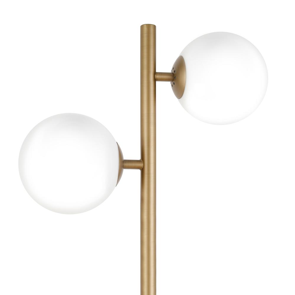 70" Brass Two Light Tree Floor Lamp With White Frosted Glass Globe Shade. Picture 5