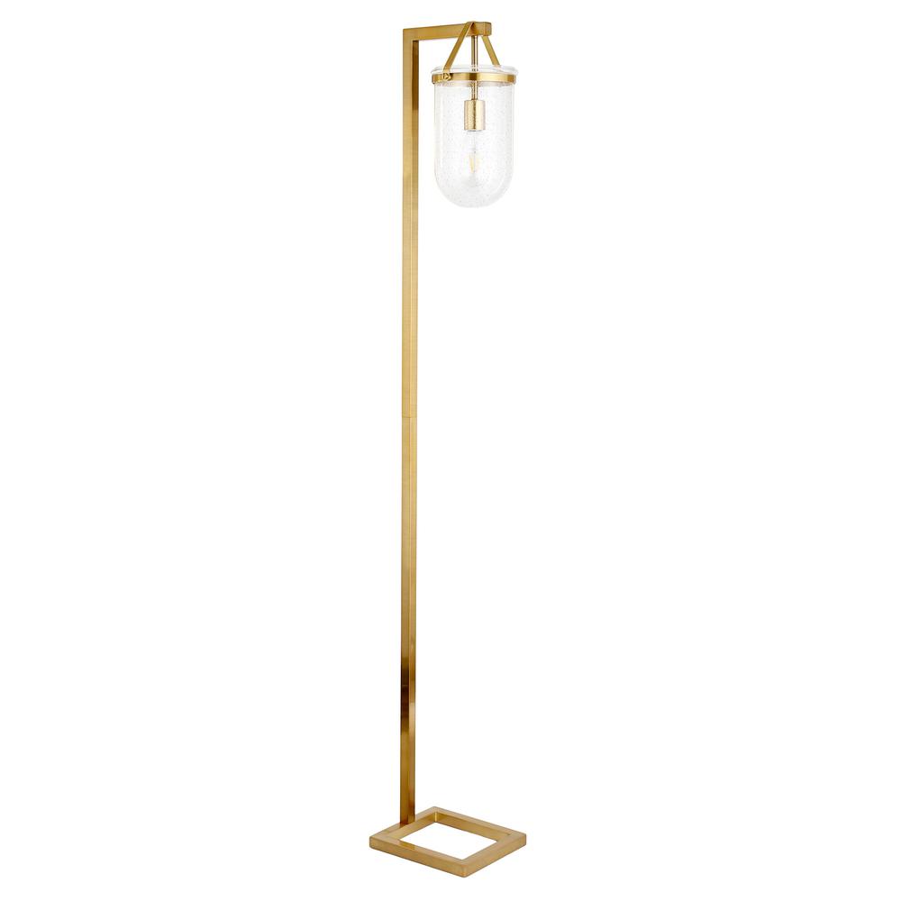 68" Brass Arched Floor Lamp With Clear Seeded Glass Dome Shade. Picture 1