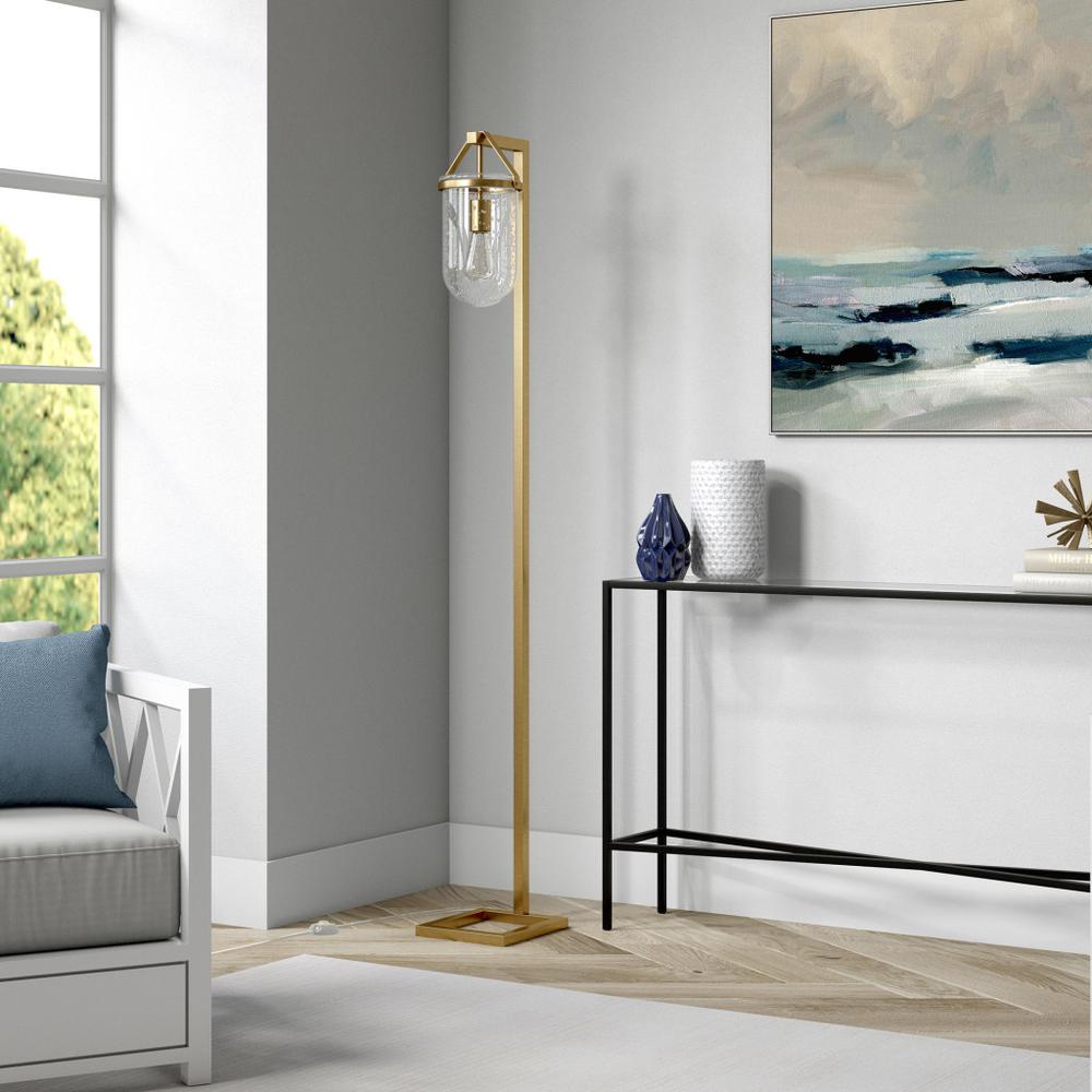 68" Brass Arched Floor Lamp With Clear Seeded Glass Dome Shade. Picture 5