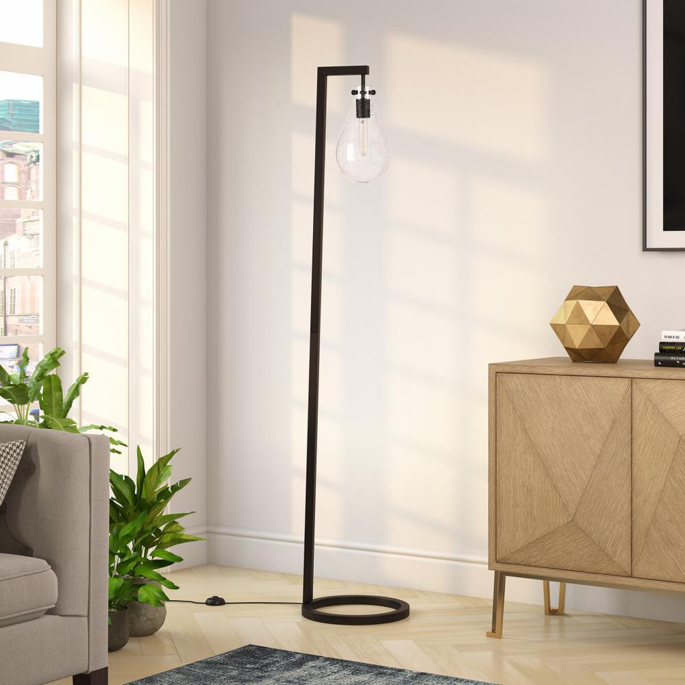 66" Black Reading Floor Lamp With Clear Seeded Glass Empire Shade. Picture 4