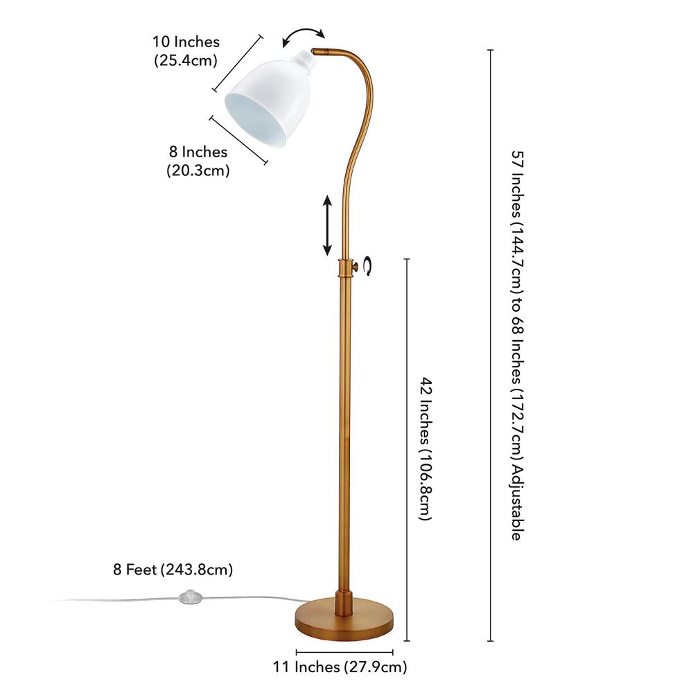 68" Brass Adjustable Reading Floor Lamp With White Frosted Glass Dome Shade. Picture 8