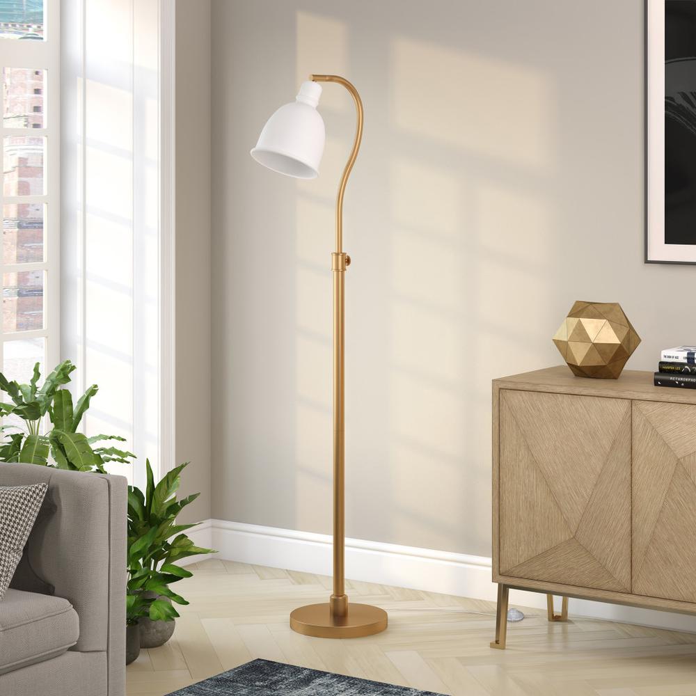 68" Brass Adjustable Reading Floor Lamp With White Frosted Glass Dome Shade. Picture 6