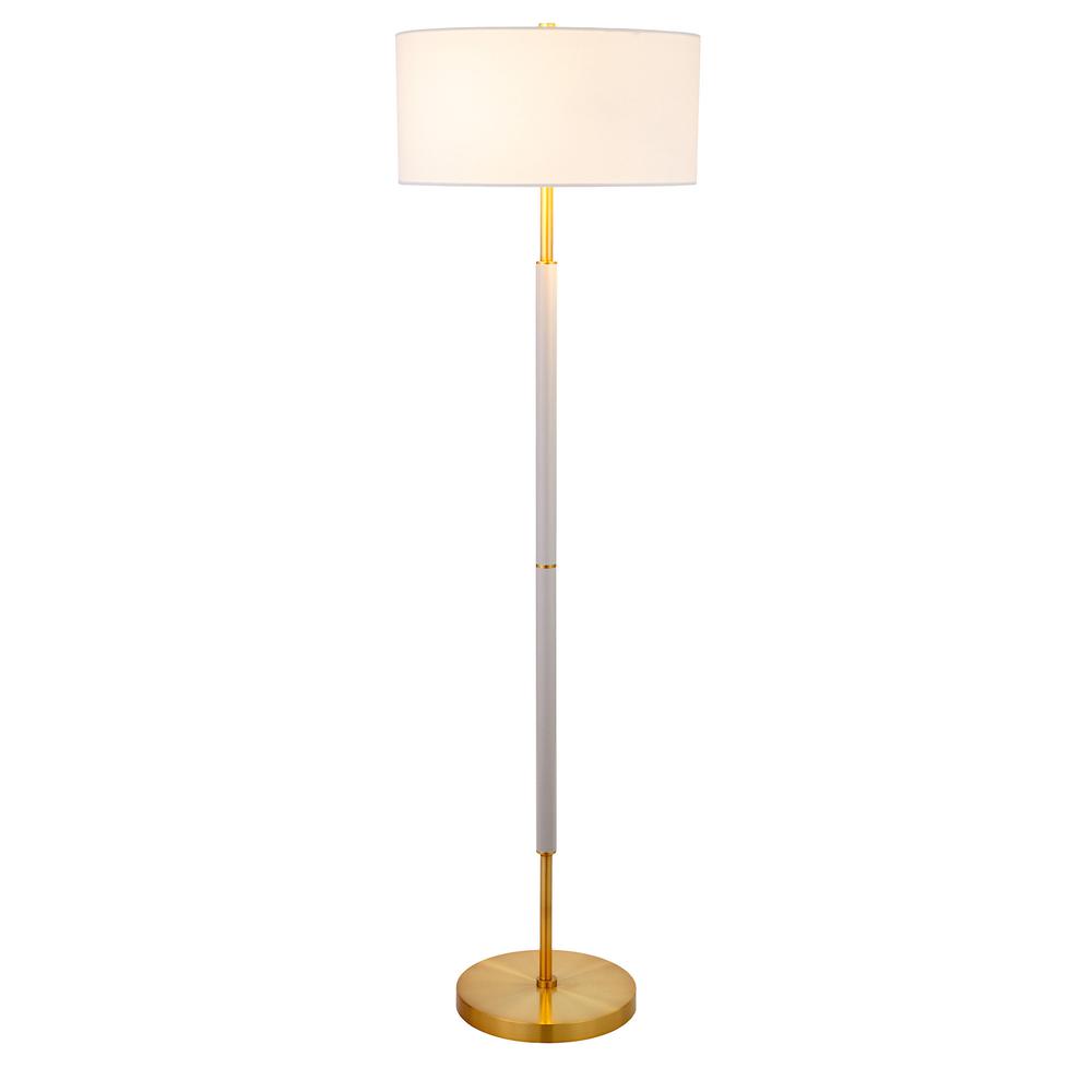 61" Brass Two Light Floor Lamp With White Frosted Glass Drum Shade. Picture 2