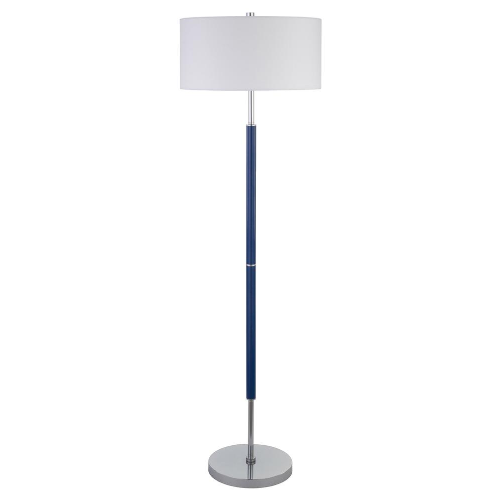 61" Blue Two Light Floor Lamp With White Frosted Glass Drum Shade. Picture 1