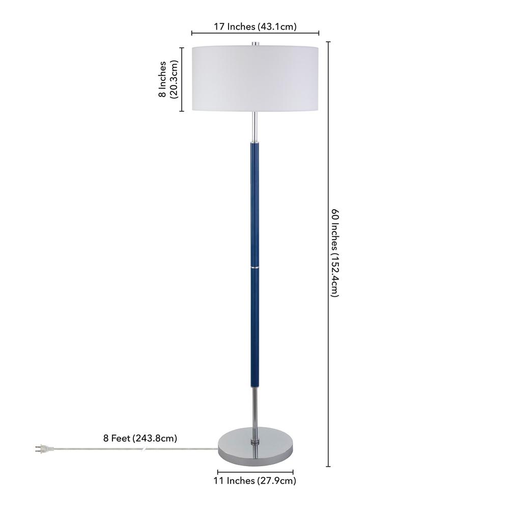 61" Blue Two Light Floor Lamp With White Frosted Glass Drum Shade. Picture 6
