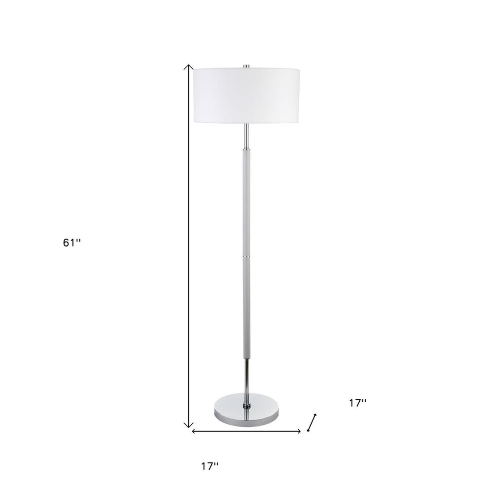 61" Nickel Two Light Floor Lamp With White Frosted Glass Drum Shade. Picture 6