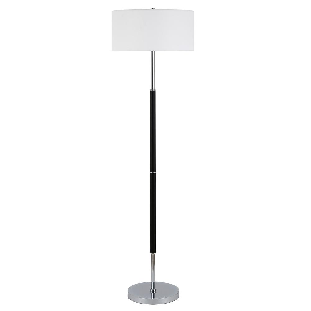 61" Black Two Light Floor Lamp With White Frosted Glass Drum Shade. Picture 1