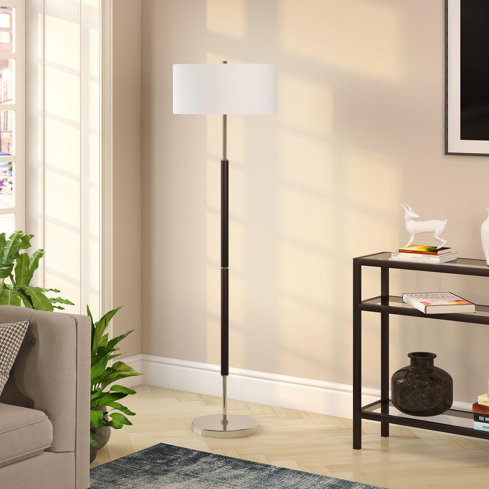 61" Black Two Light Floor Lamp With White Frosted Glass Drum Shade. Picture 4