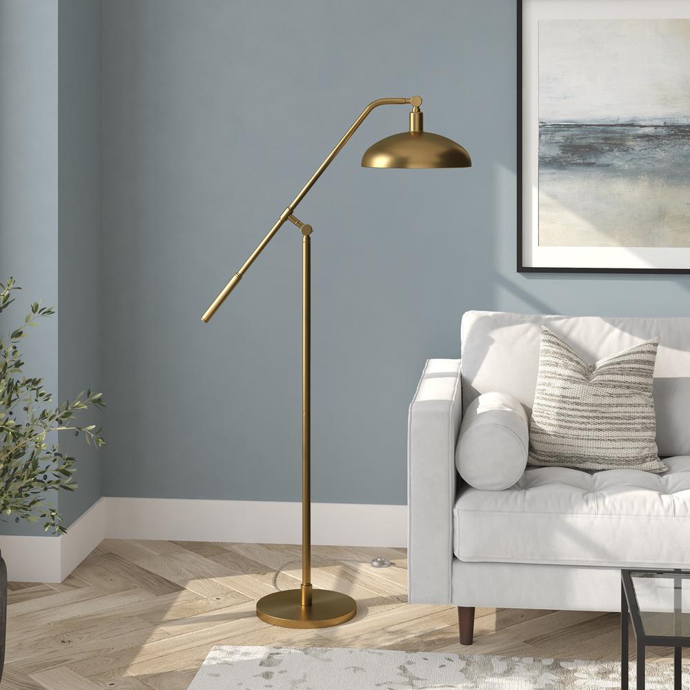 62" Brass Reading Floor Lamp With Brass Dome Shade. Picture 5