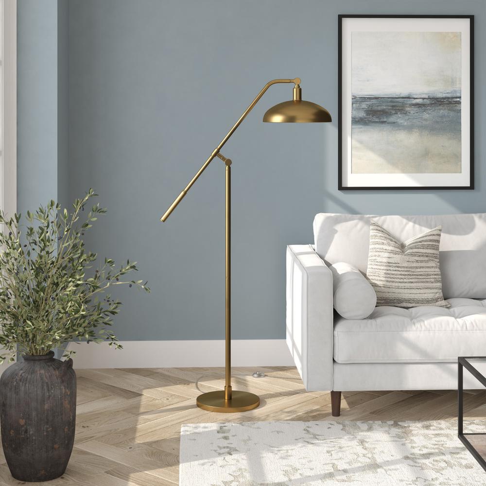 62" Brass Reading Floor Lamp With Brass Dome Shade. Picture 6