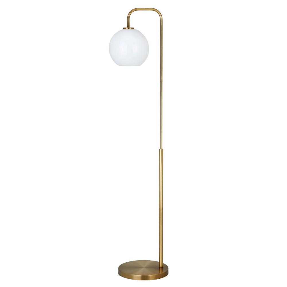 62" Brass Arched Floor Lamp With White Frosted Glass Globe Shade. Picture 1