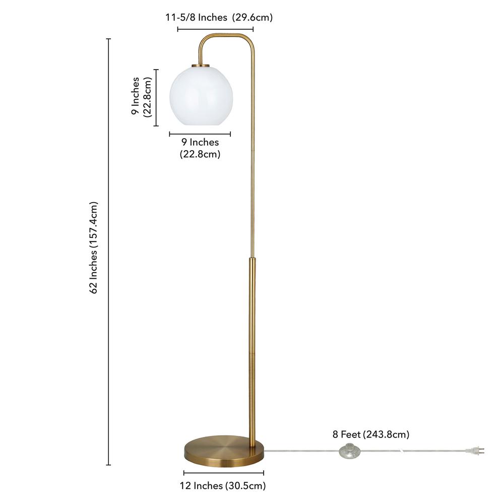 62" Brass Arched Floor Lamp With White Frosted Glass Globe Shade. Picture 7