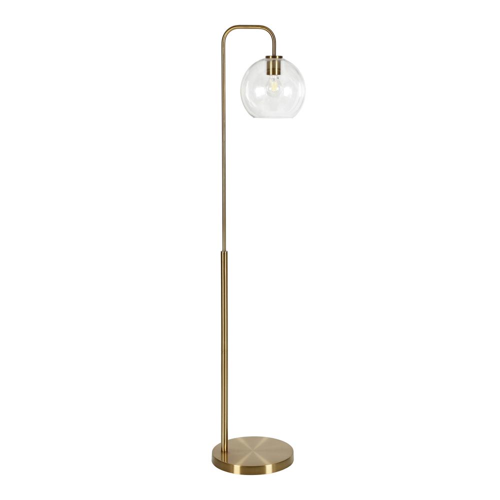 62" Brass Arched Floor Lamp With Clear Transparent Glass Globe Shade. Picture 1