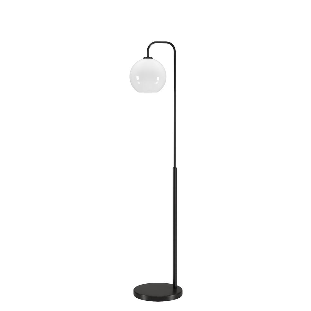 62" Black Arched Floor Lamp With White Frosted Glass Globe Shade. Picture 1