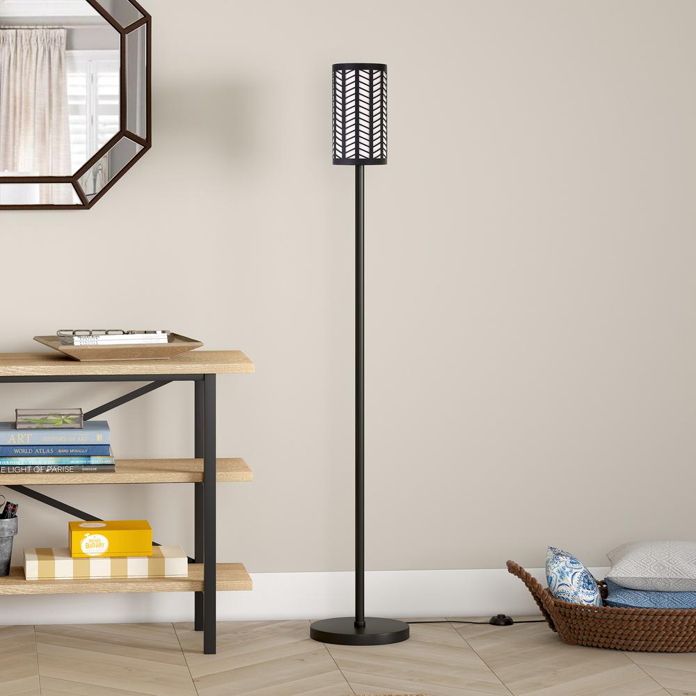 63" Black Torchiere Floor Lamp With Black Drum Shade. Picture 5