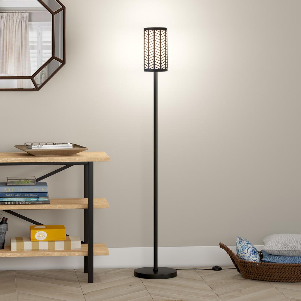 63" Black Torchiere Floor Lamp With Black Drum Shade. Picture 6