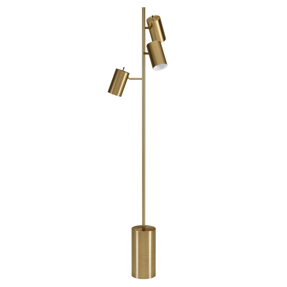 65" Brass Three Light Tree Floor Lamp With Brass Drum Shade. Picture 1