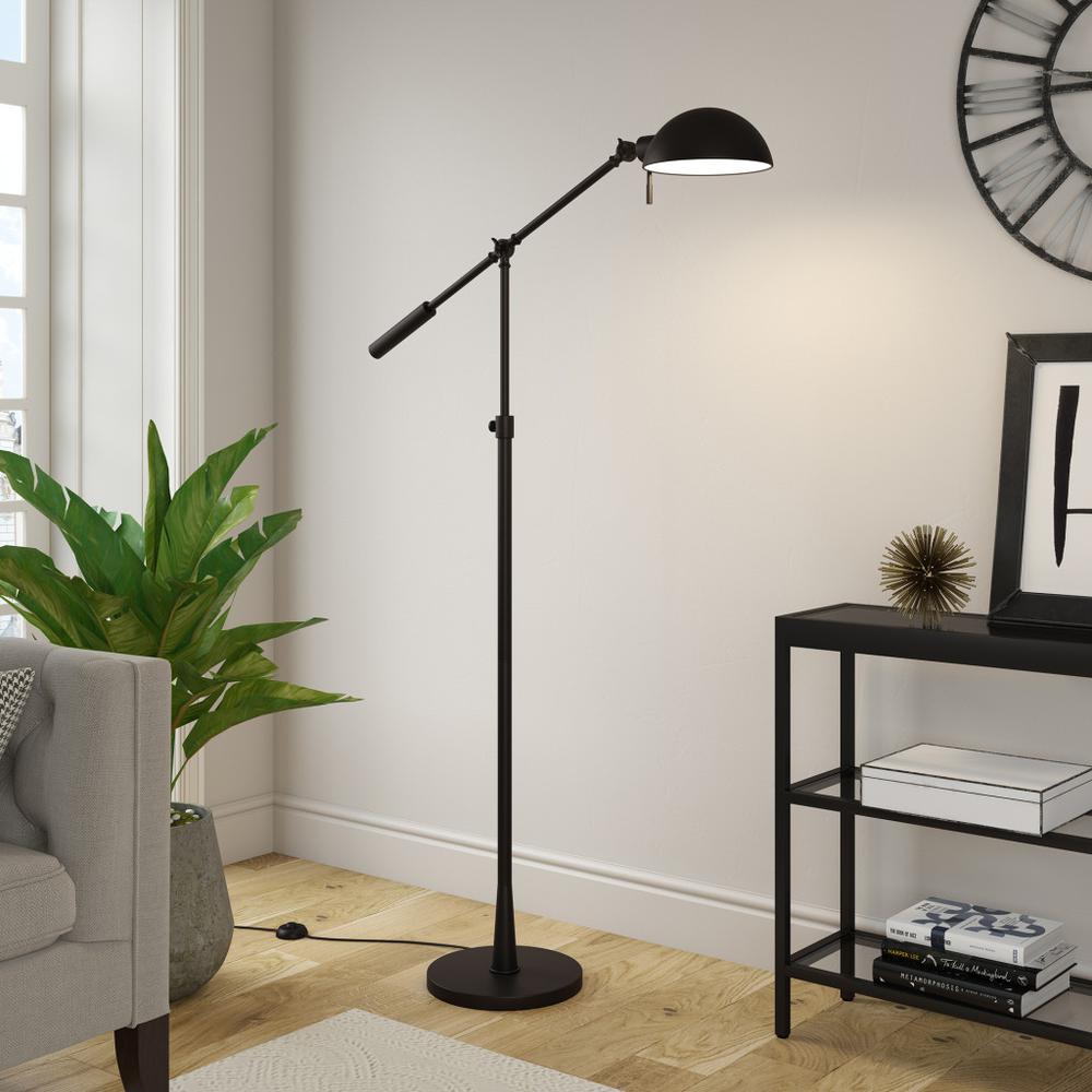 61" Black Adjustable Swing Arm Floor Lamp With Black Cone Shade. Picture 6