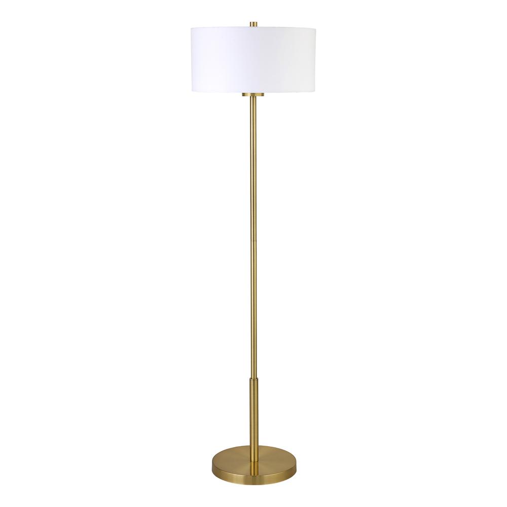 61" Brass Traditional Shaped Floor Lamp With White Drum Shade. Picture 1