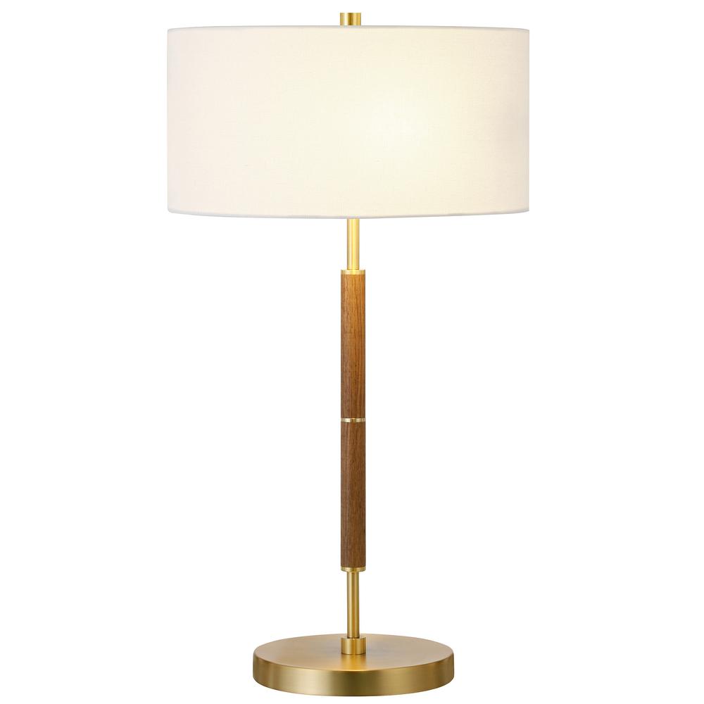 25" Gold and Oak Metal Two Light Table Lamp With White Drum Shade. Picture 2