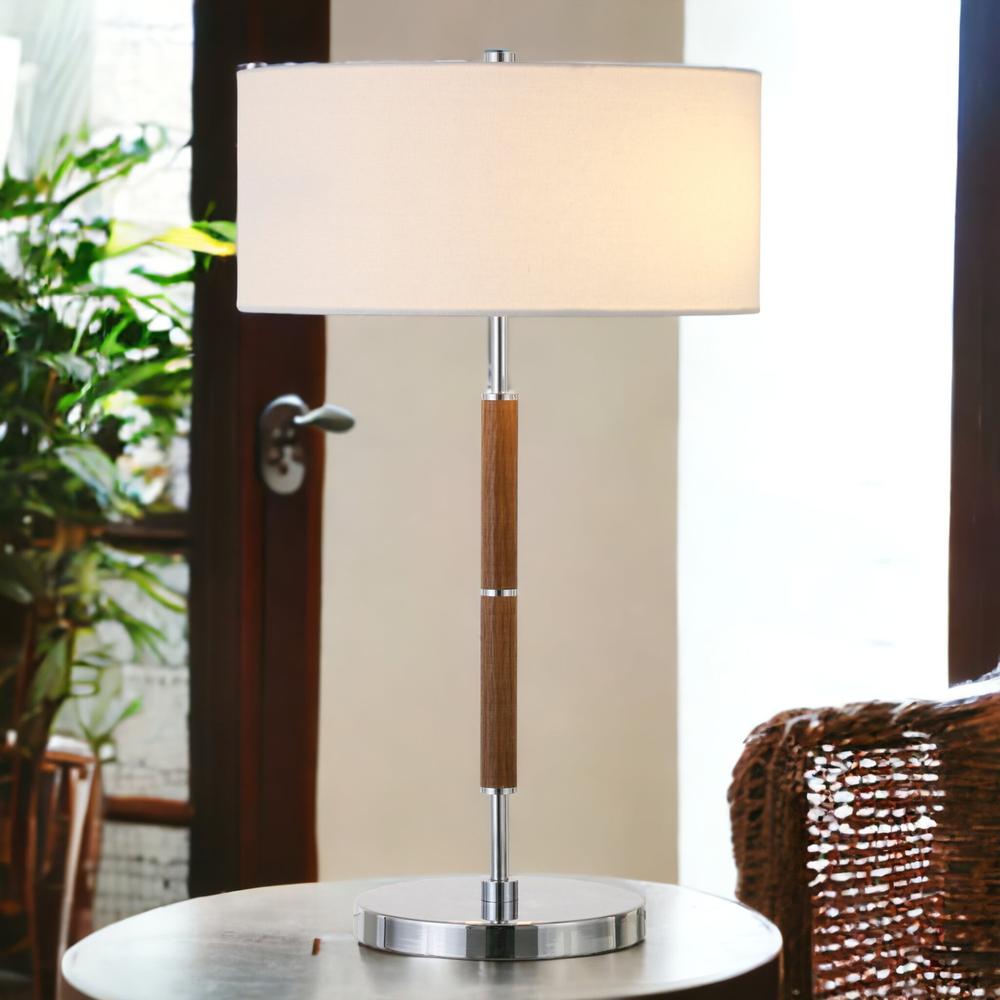 25" Silver and Oak Two Light Table Lamp With White Drum Shade. Picture 3