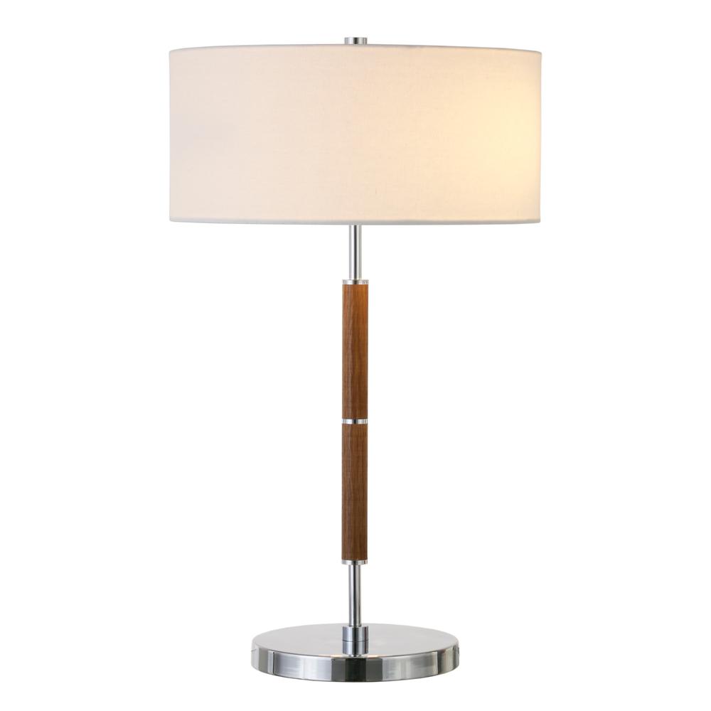 25" Silver and Oak Two Light Table Lamp With White Drum Shade. Picture 2