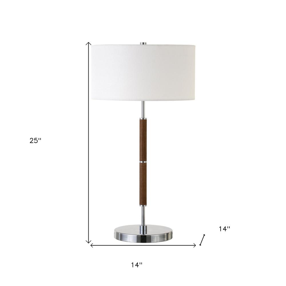 25" Silver and Oak Two Light Table Lamp With White Drum Shade. Picture 6