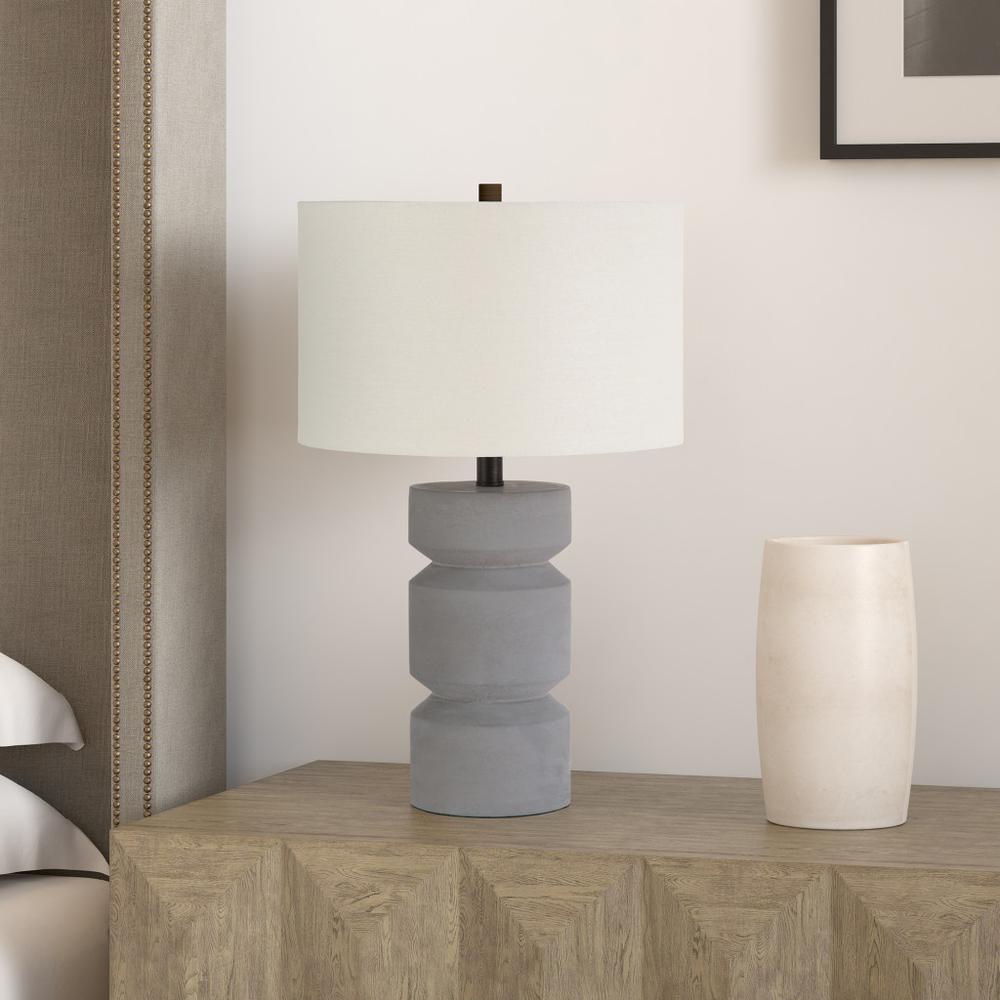 23" Gray Concrete Faceted Column Table Lamp With White Drum Shade. Picture 4