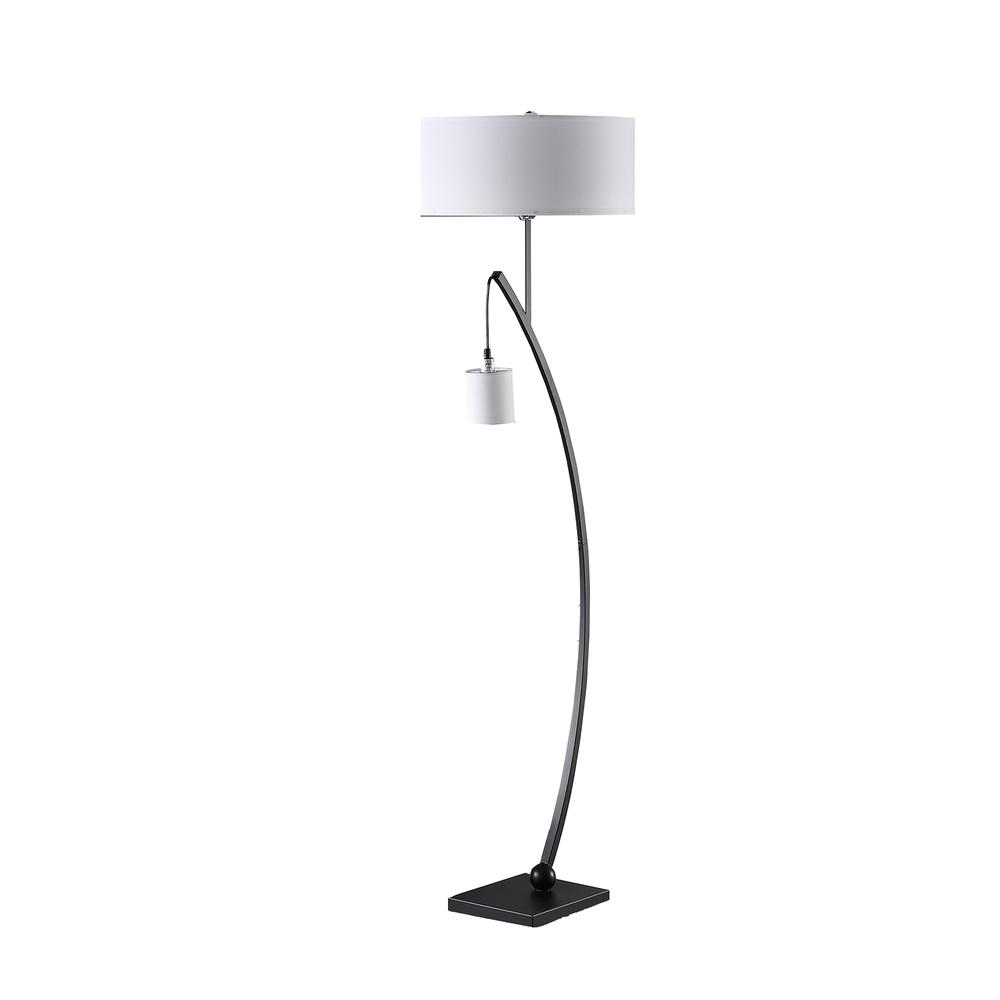 59" Matte Black Dual Arc Floor Lamp With White Drum Shade. Picture 1