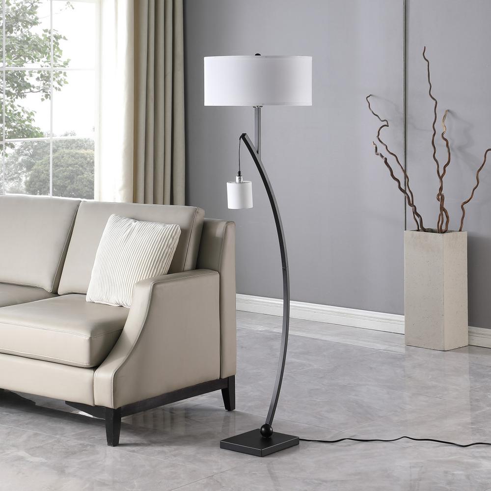 59" Matte Black Dual Arc Floor Lamp With White Drum Shade. Picture 4