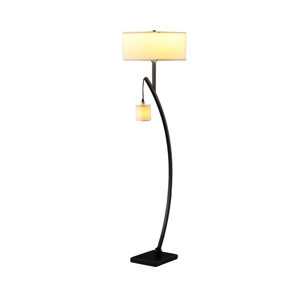 59" Matte Black Dual Arc Floor Lamp With White Drum Shade. Picture 2