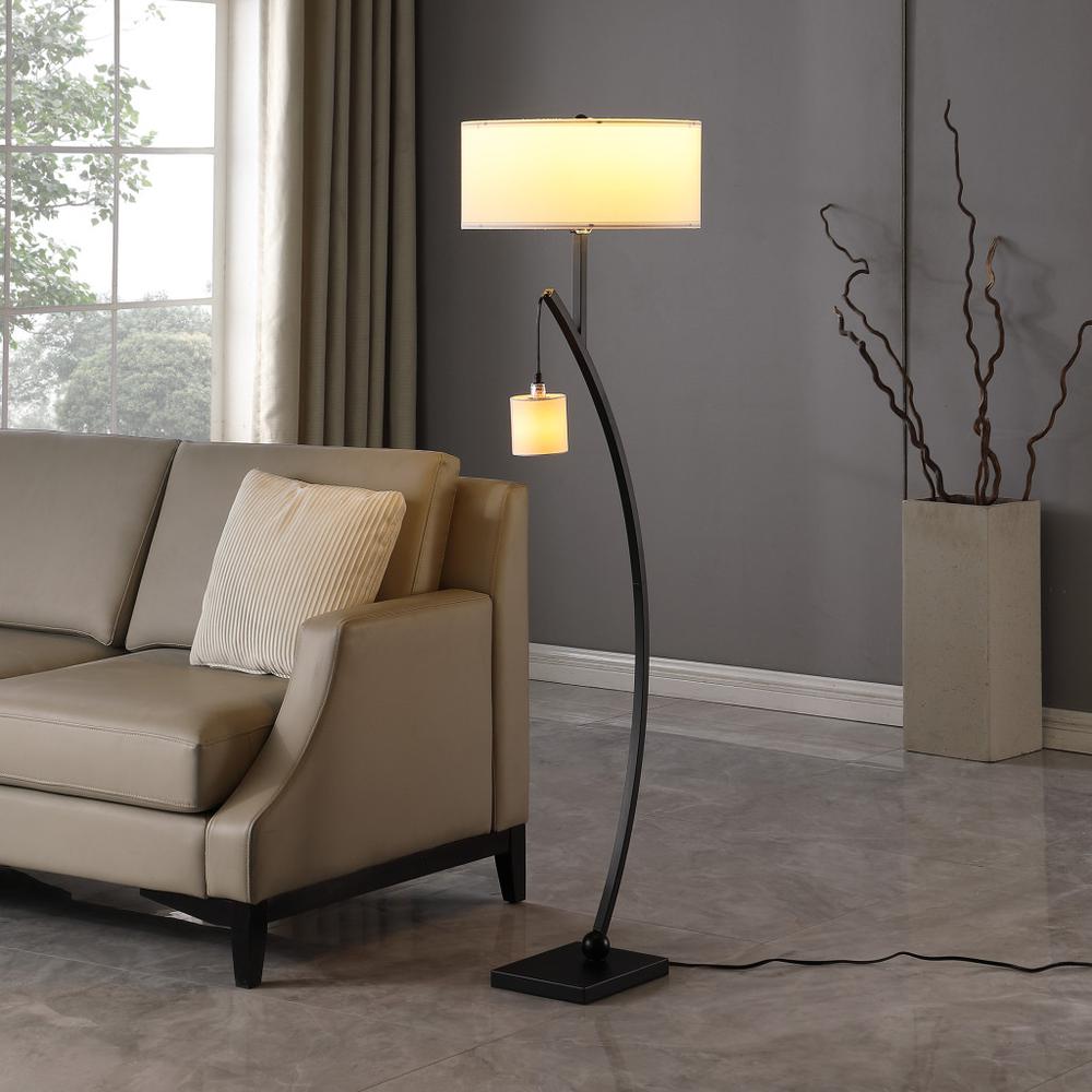 59" Matte Black Dual Arc Floor Lamp With White Drum Shade. Picture 6