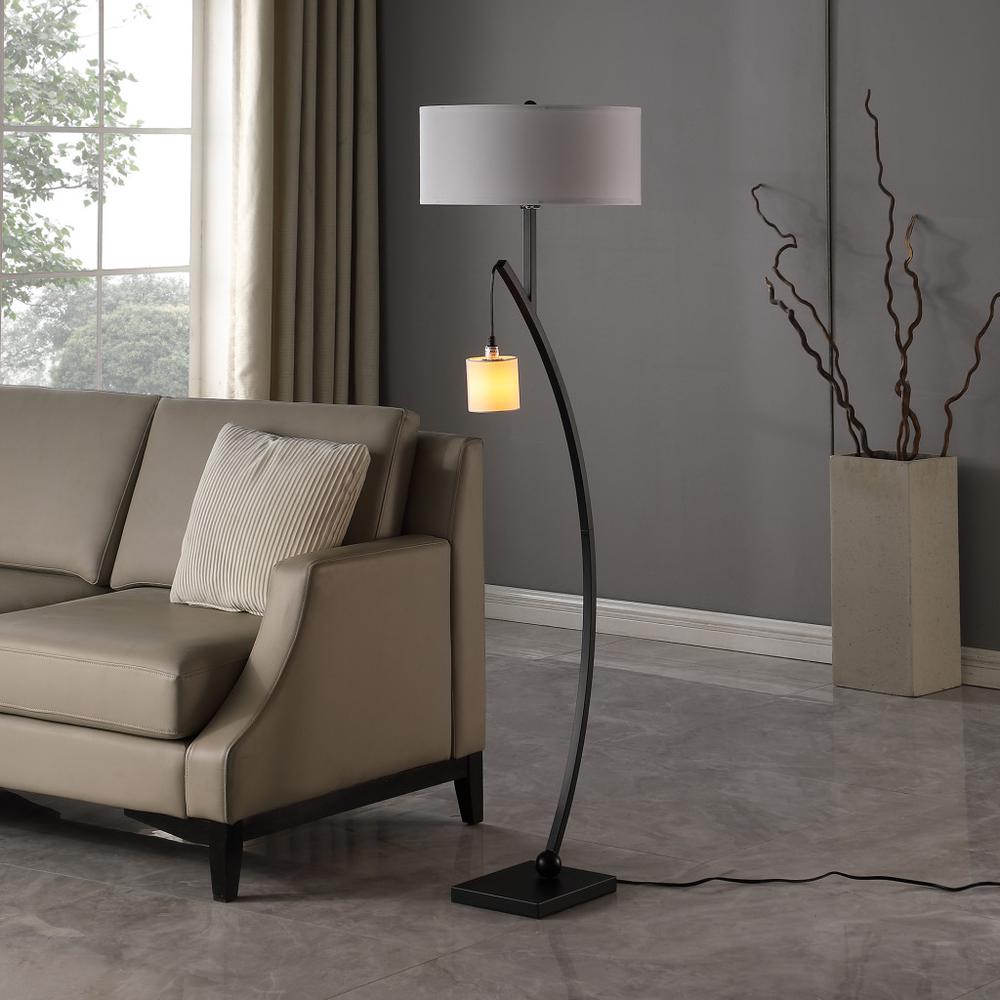 59" Matte Black Dual Arc Floor Lamp With White Drum Shade. Picture 5