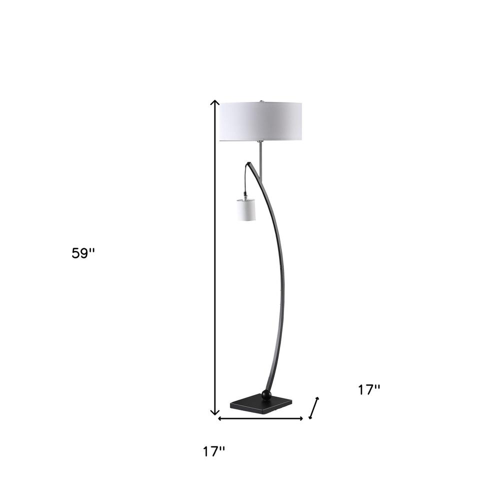 59" Matte Black Dual Arc Floor Lamp With White Drum Shade. Picture 7