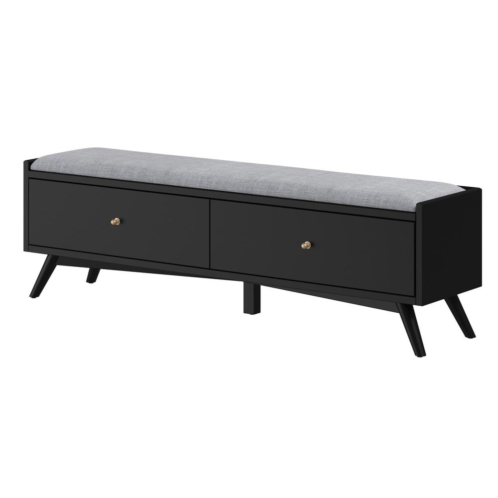 59" Gray and Black Upholstered Polyester Blend Bench with Drawers. Picture 7