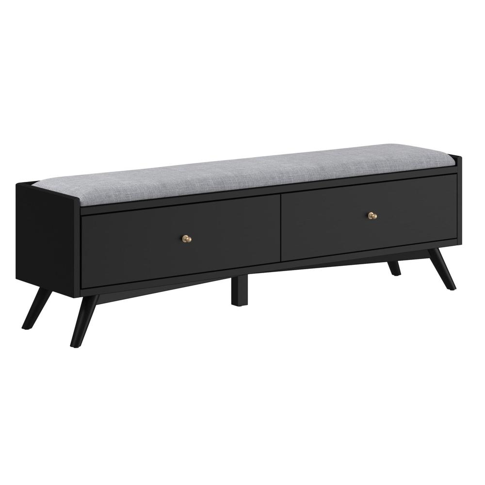 59" Gray and Black Upholstered Polyester Blend Bench with Drawers. Picture 8