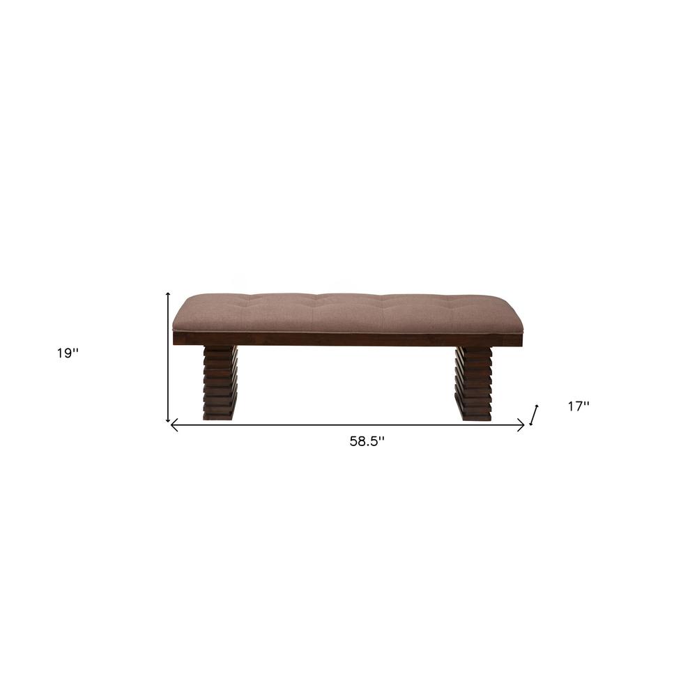 59" Latte and Espresso Upholstered Linen Blend Dining Bench. Picture 5