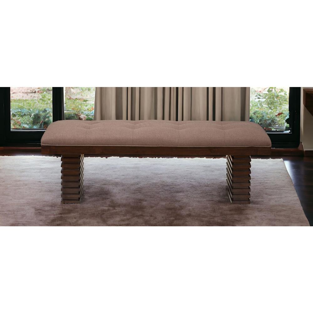 59" Latte and Espresso Upholstered Linen Blend Dining Bench. Picture 2