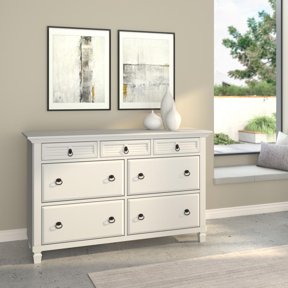 62" White Solid Wood Seven Drawer Double Dresser. Picture 5