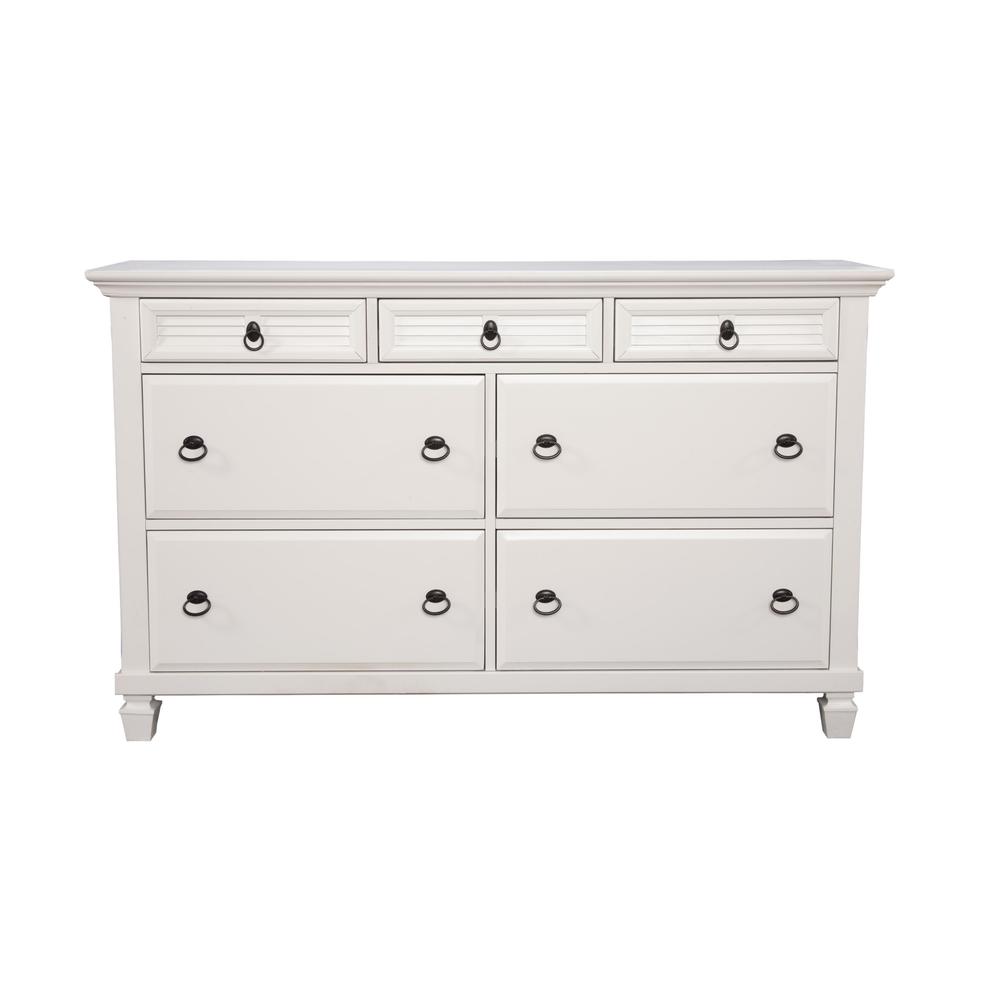 62" White Solid Wood Seven Drawer Double Dresser. Picture 1