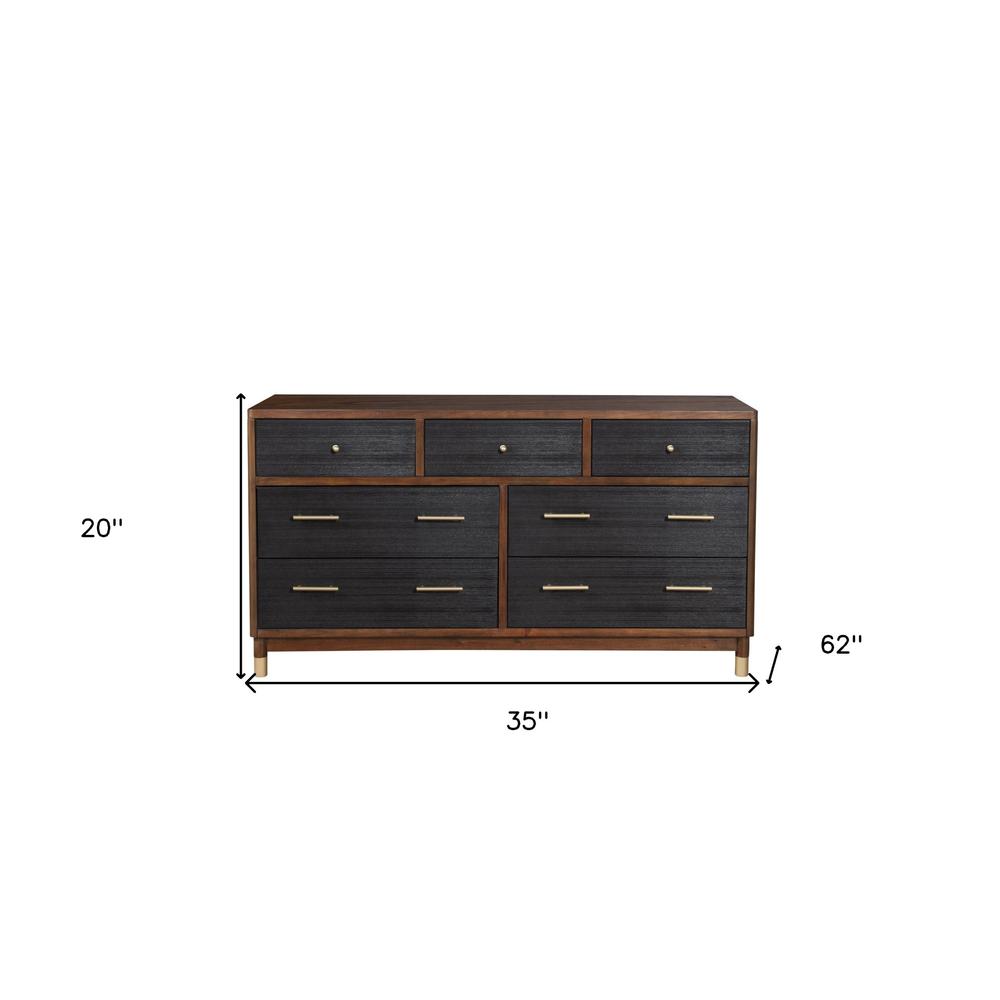 35" Brown and Black Solid Wood Seven Drawer Double Dresser. Picture 6