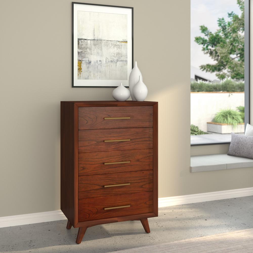 28" Walnut Solid Wood Five Drawer Chest. Picture 4