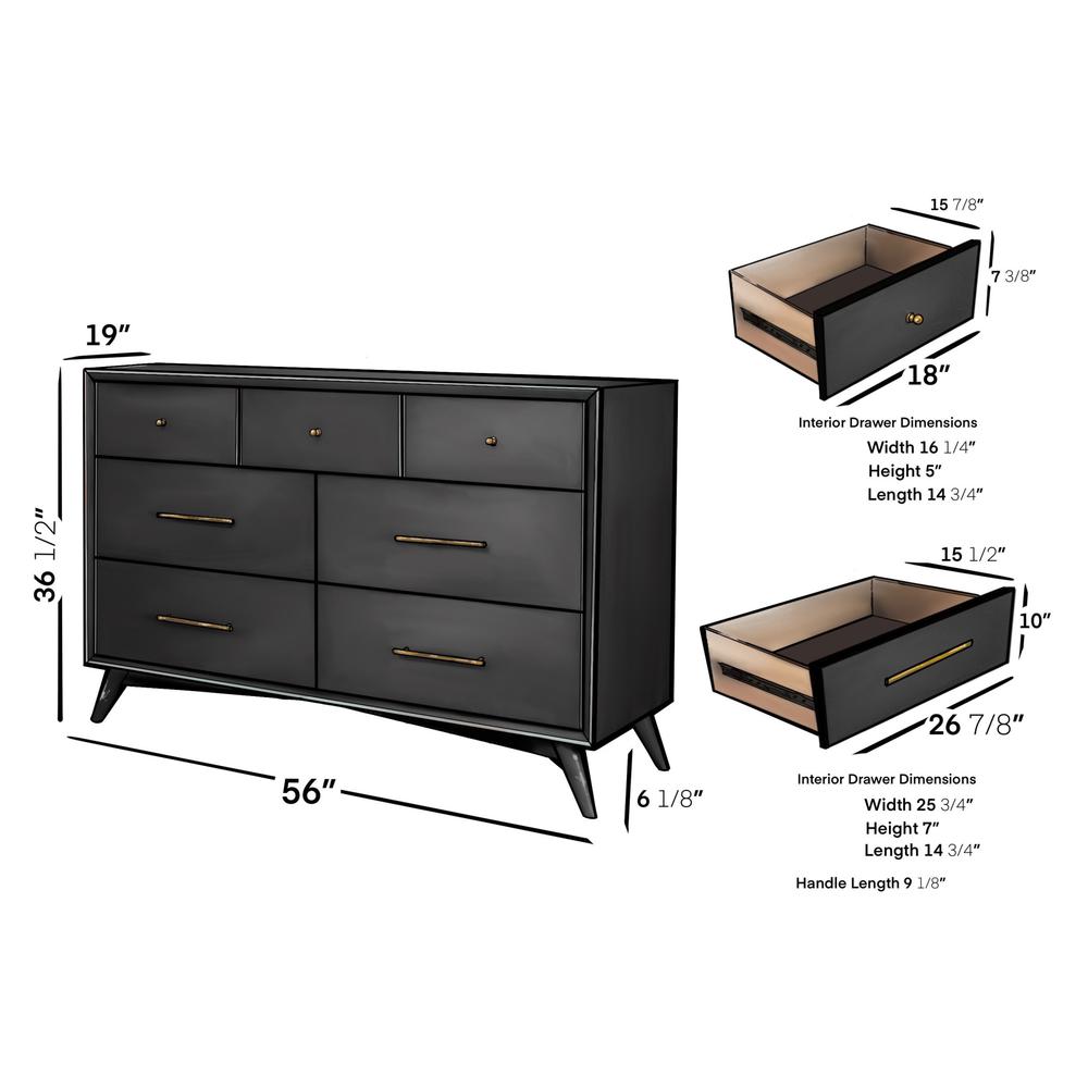 56" Black Solid Wood Seven Drawer Double Dresser. Picture 9
