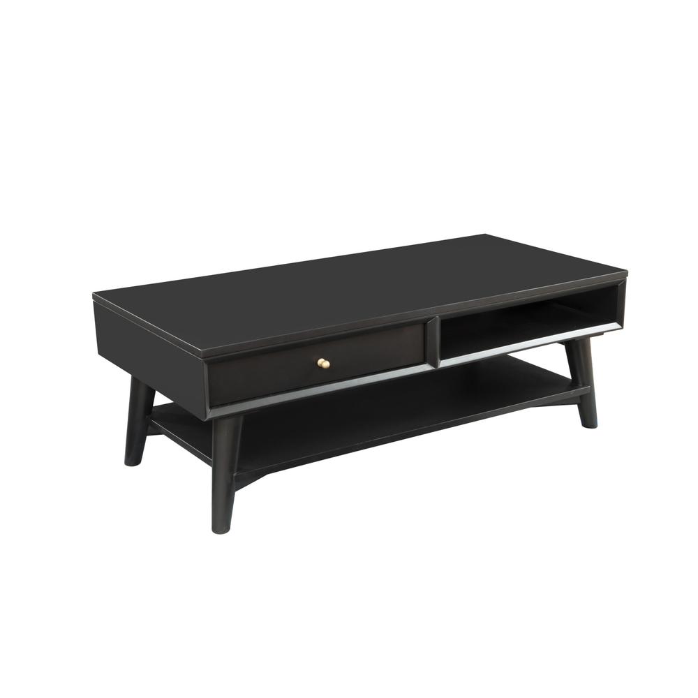 48" Black Solid And Manufactured Wood Coffee Table With Drawer. Picture 1