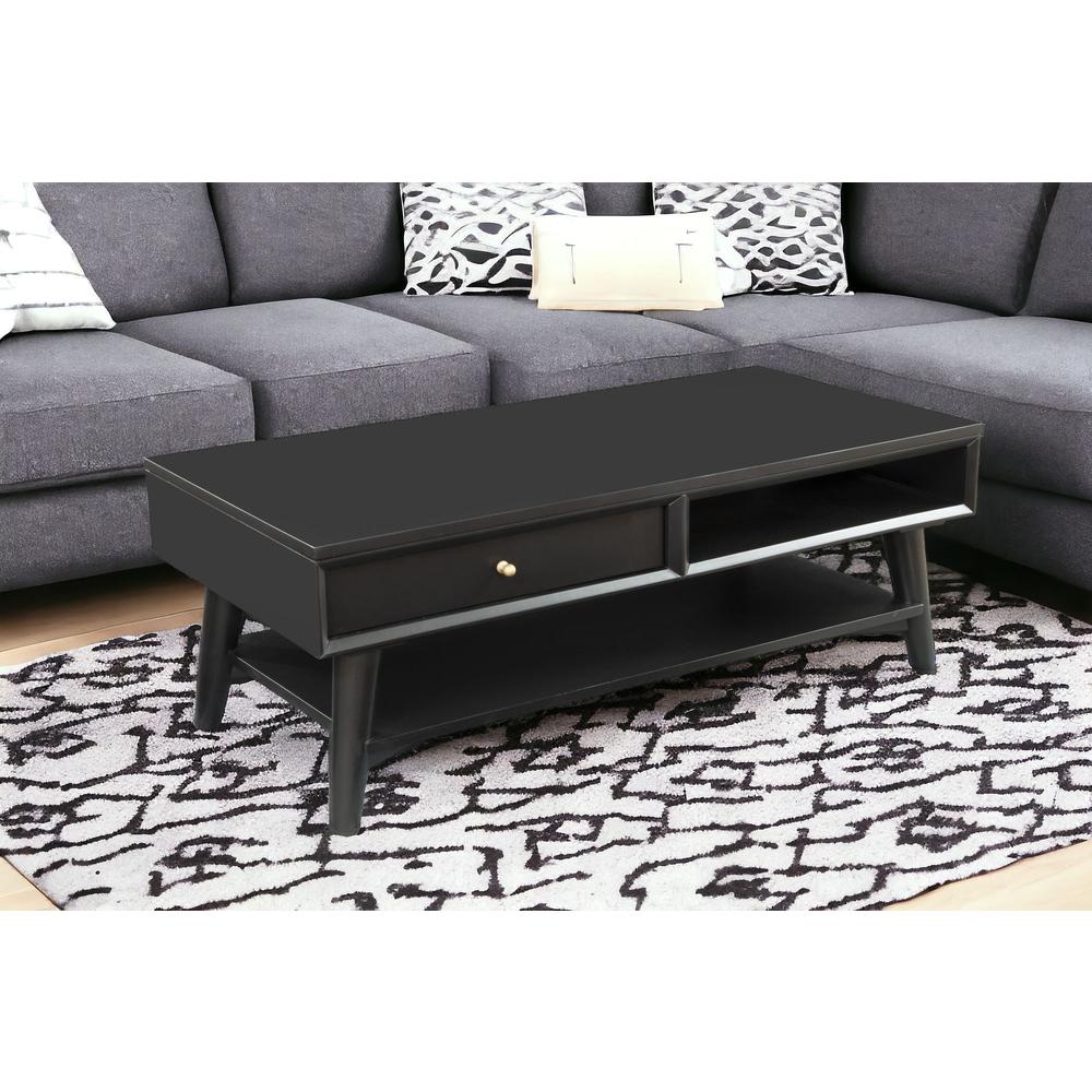 48" Black Solid And Manufactured Wood Coffee Table With Drawer. Picture 2