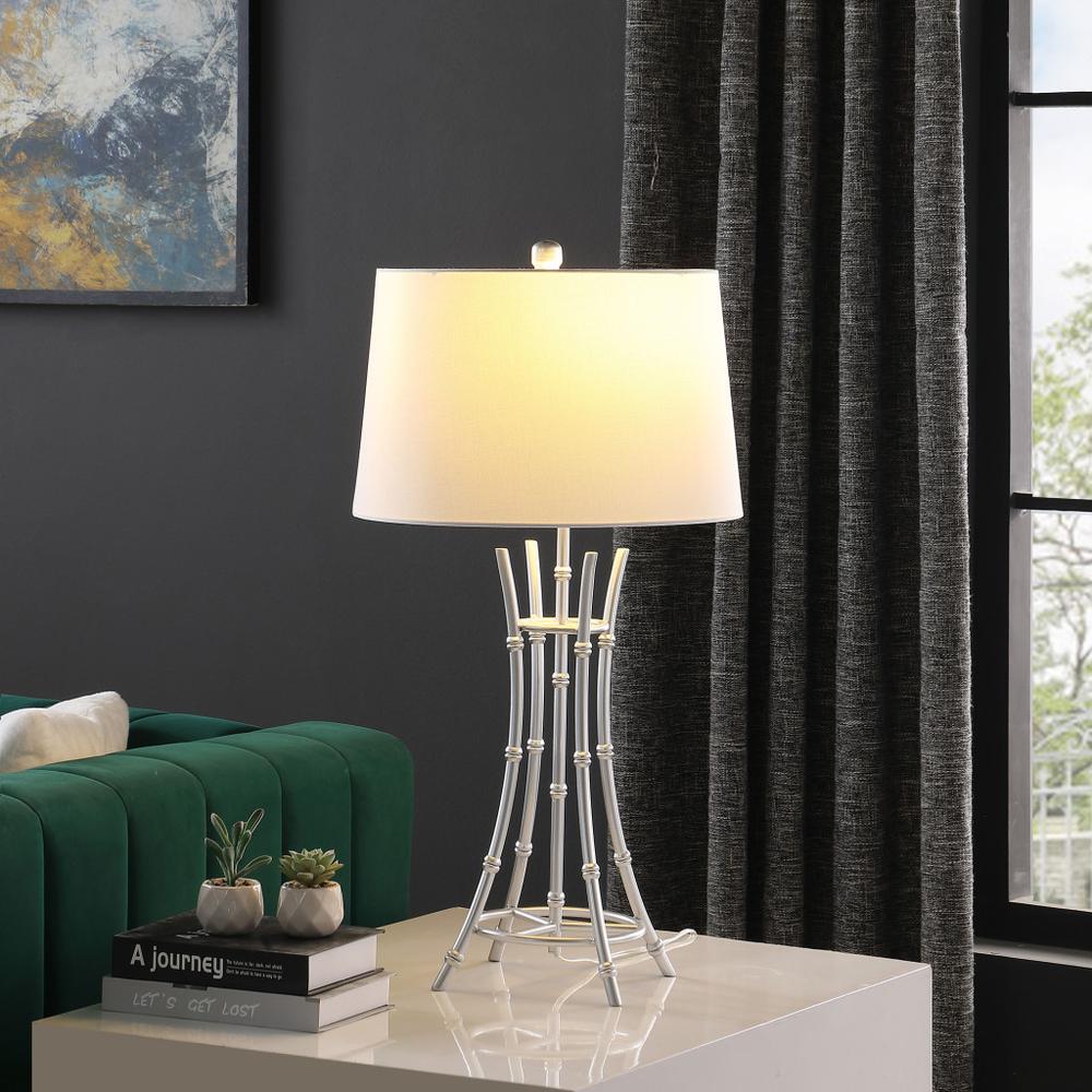 29" Silver Bamboo Design Table Lamp With Off White Drum Shade. Picture 5