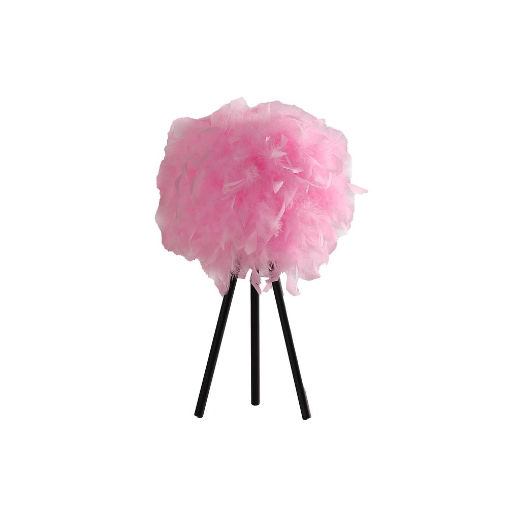 21" Black Tripod Table Lamp With Pink Faux Feather Shade. Picture 1