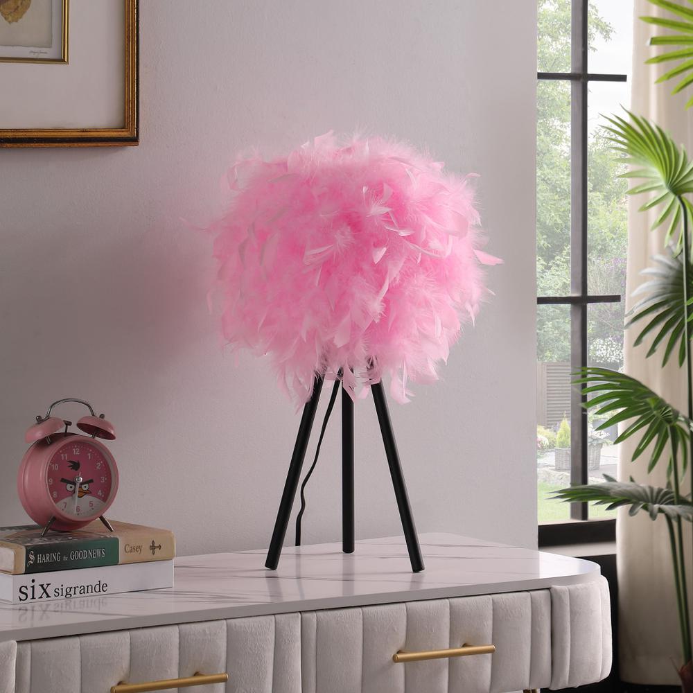 21" Black Tripod Table Lamp With Pink Faux Feather Shade. Picture 4