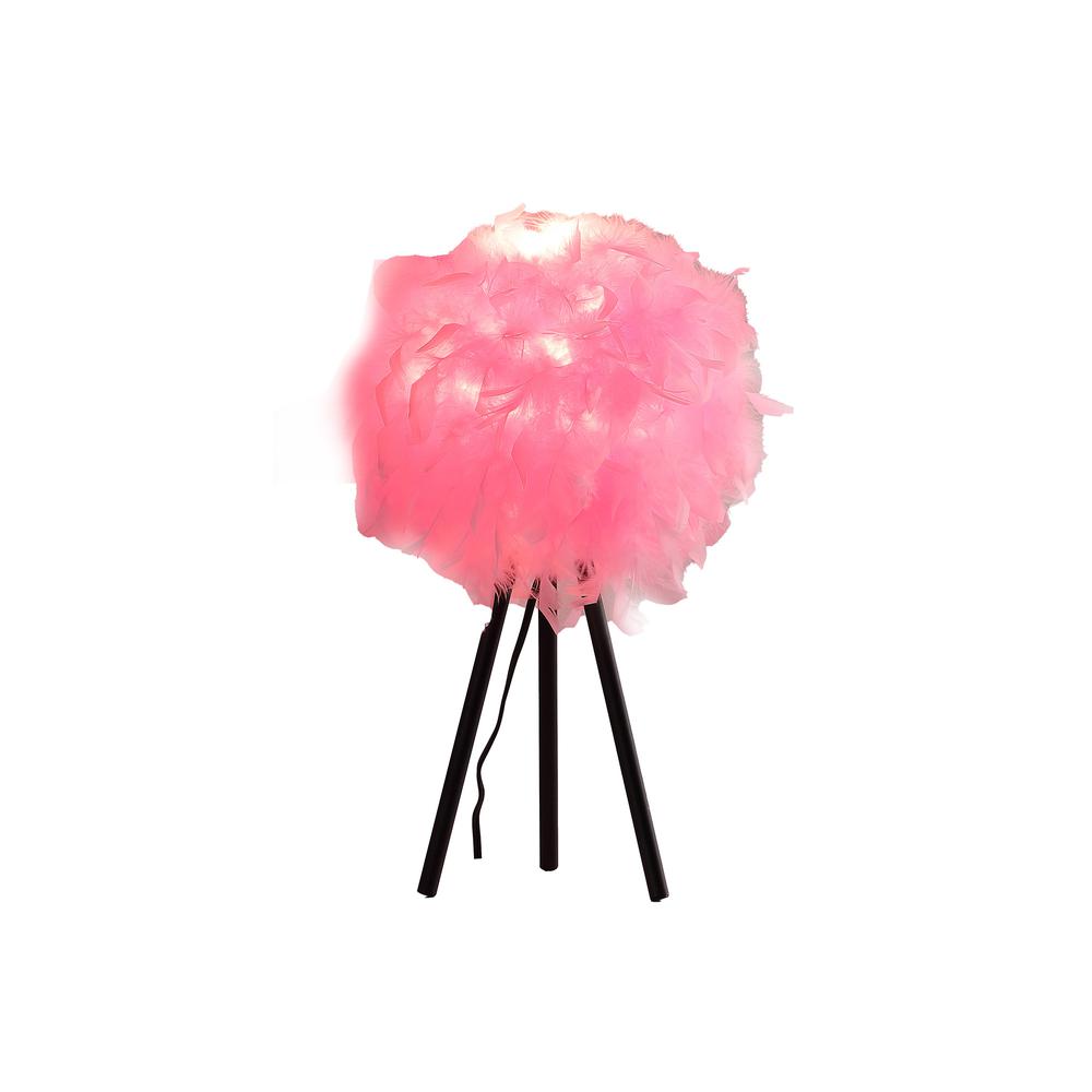 21" Black Tripod Table Lamp With Pink Faux Feather Shade. Picture 2