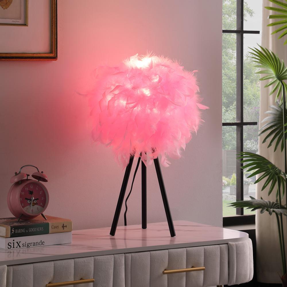 21" Black Tripod Table Lamp With Pink Faux Feather Shade. Picture 5